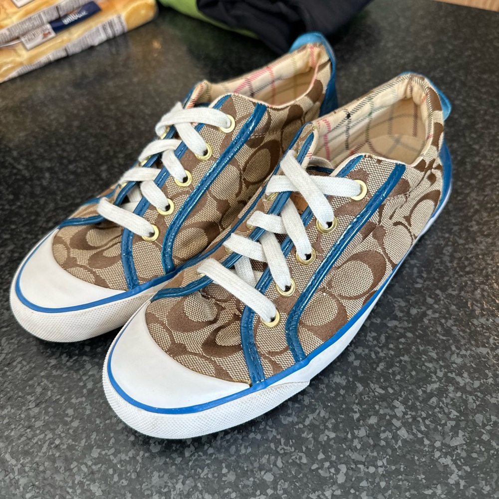 Coach Barrett Sneakers Blue/Brown Logo Women 8 Excellent Condition
